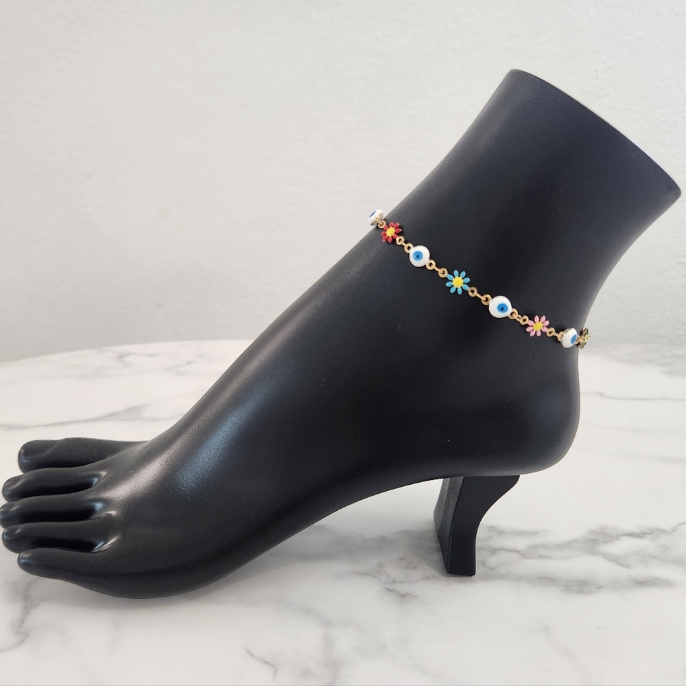 Multi Color Stainless Steel Floral Evil Eye Charm Anklet Summer Accesories - Picture 3 of 16